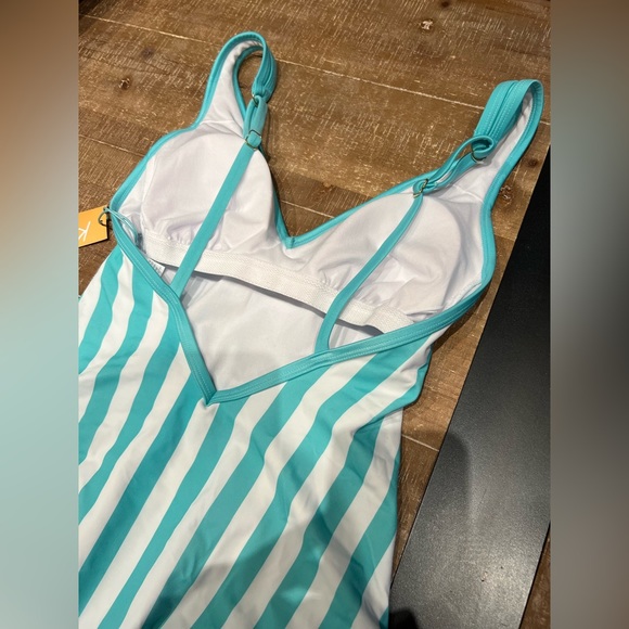 Kona Sol One Piece Swimsuit Turquoise blue and white stripes. - Picture 4 of 5